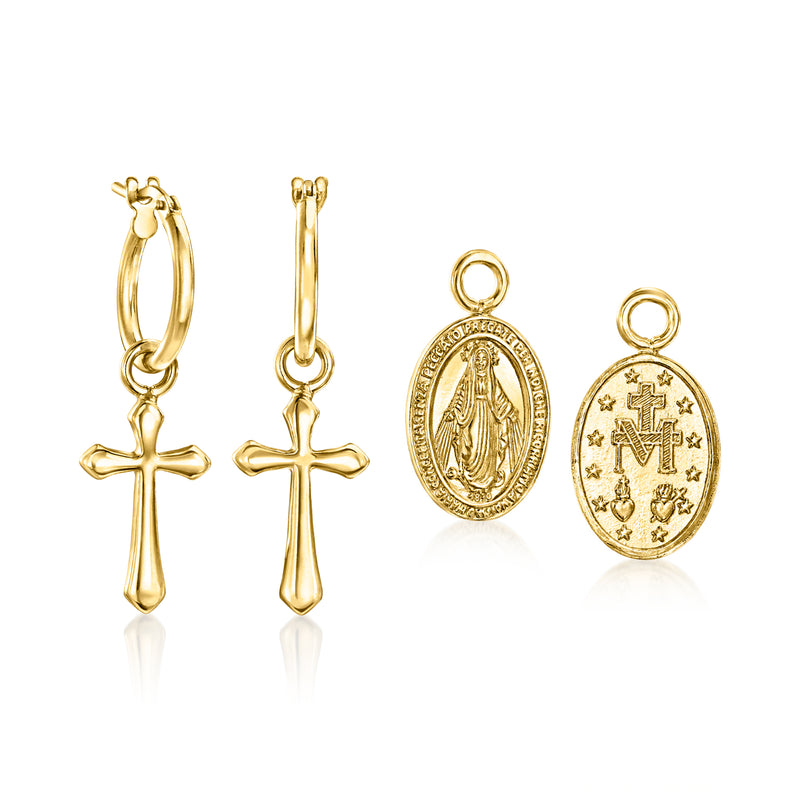 Gold-tone hoop earrings with dangling cross and oval religious medal drops