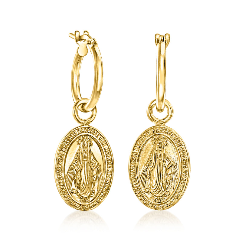 Gold-tone hoop earrings with two oval religious medal charms
