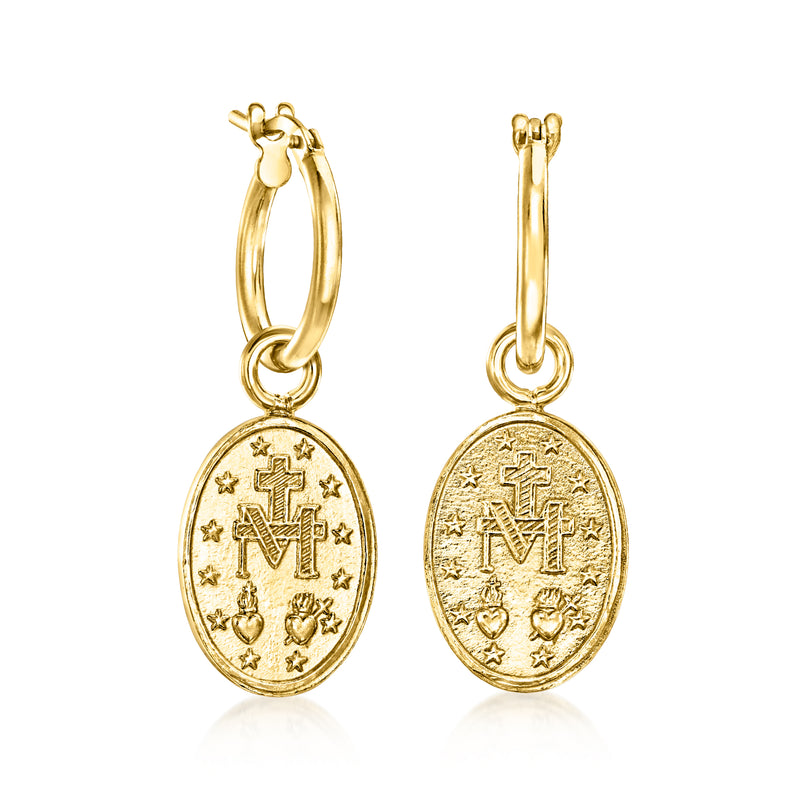 Gold-tone hoop earrings with oval religious medal charms and star details