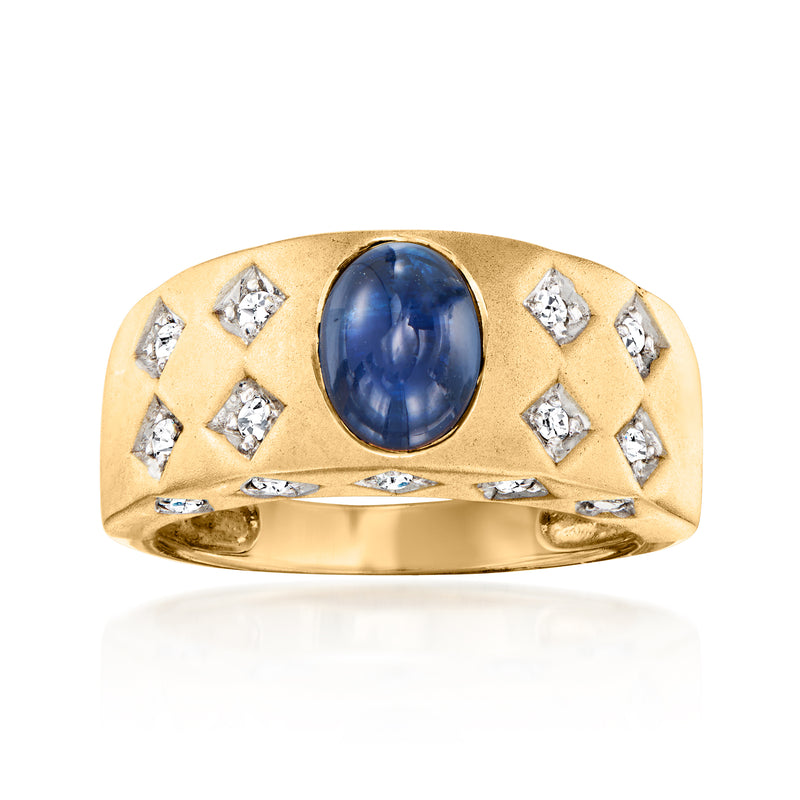 Vintage 14kt yellow gold ring with oval blue sapphire cabochon and small diamond accents