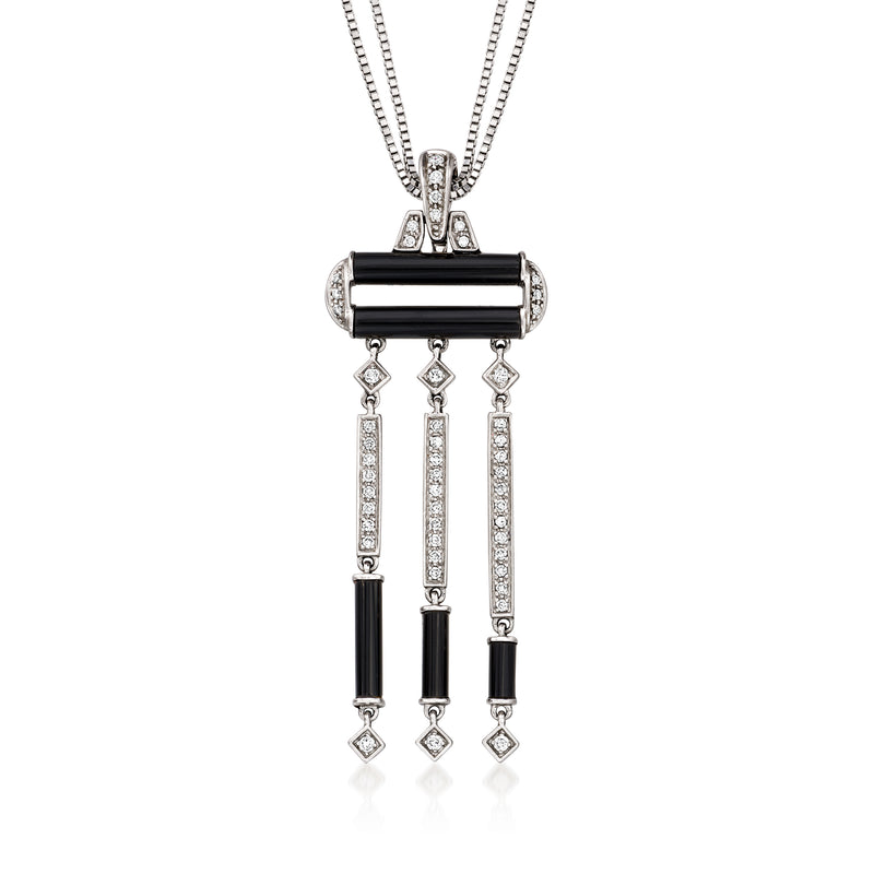 14kt white gold diamond and onyx drop pendant necklace with dangling rectangular bars