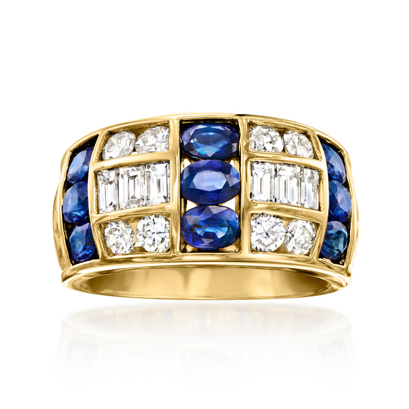 18kt yellow gold ring with blue square sapphires and diamond accents, polished bezel setting