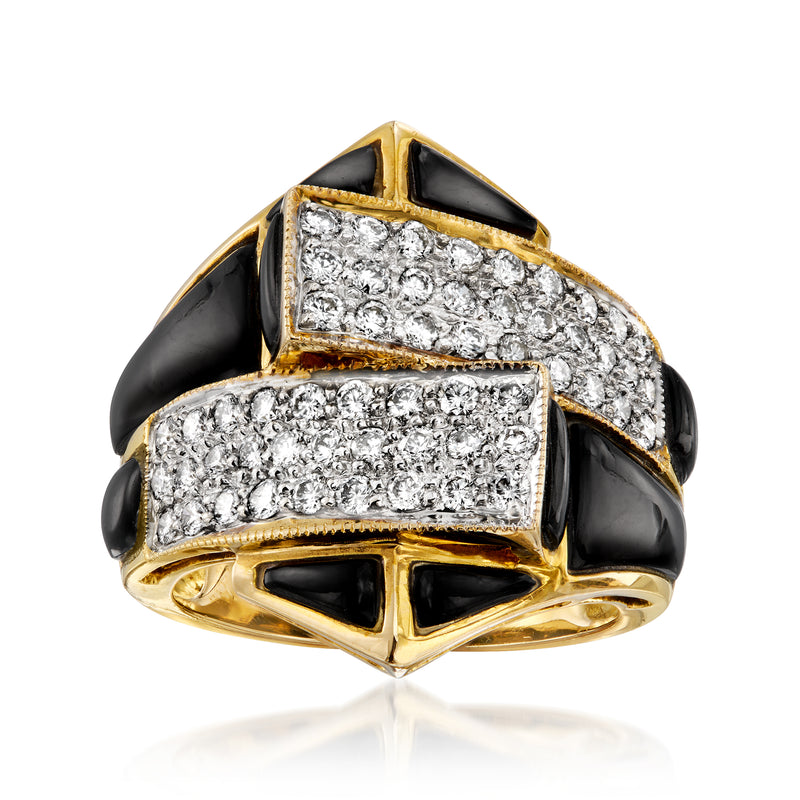Vintage onyx and diamond ring in 18kt yellow gold, geometric band design