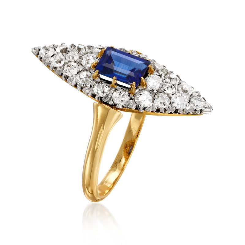 Vintage navette ring with sapphire center, diamond pavé, platinum and 18kt yellow gold.