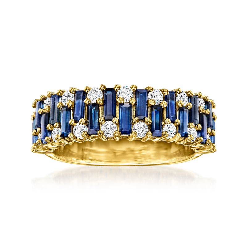 Staggered sapphire and diamond ring in 14kt yellow gold with blue baguette stones