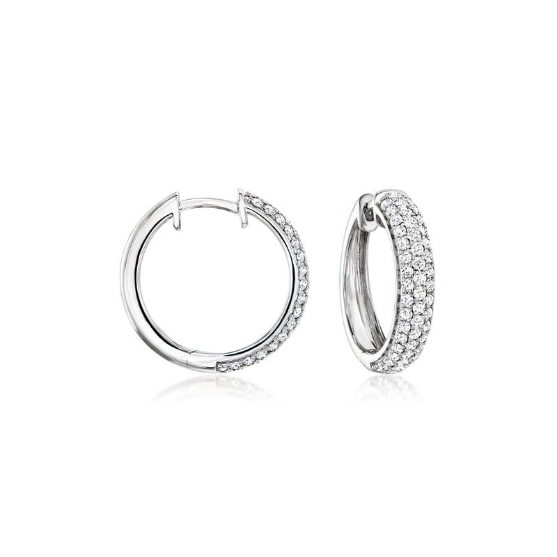Pave lab-grown diamond hoop earrings, 14kt white gold hinged round hoops