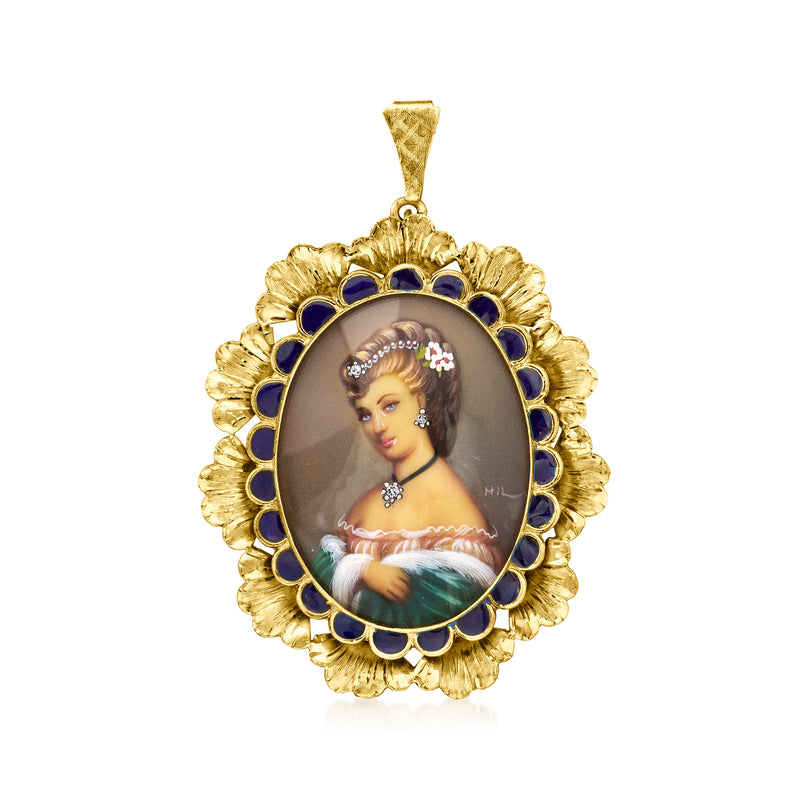 Vintage painted portrait pendant in 18kt yellow gold with blue enamel scalloped frame