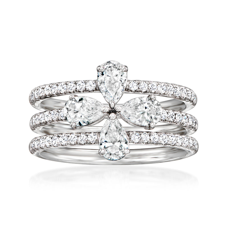 Three-row lab-grown diamond ring set in 14kt white gold, pear center stones