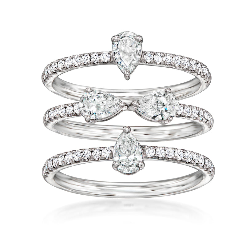 Three-ring set in 14kt white gold with pear-shaped lab-grown diamonds