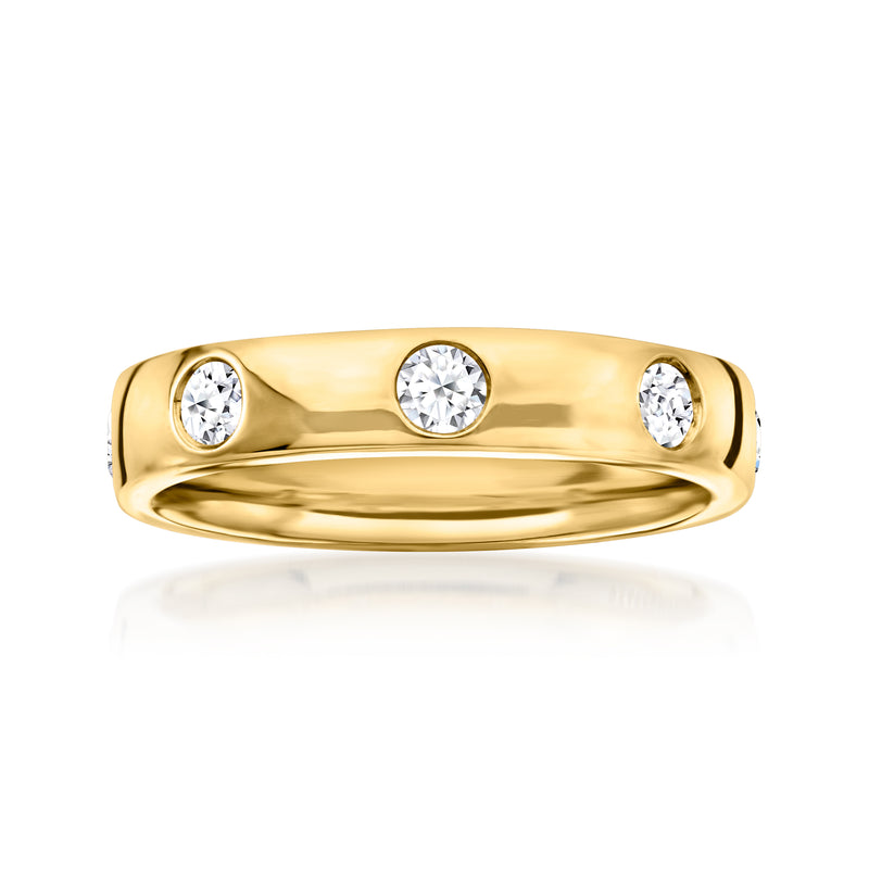 14kt yellow gold lab-grown diamond ring with three round stones on polished band