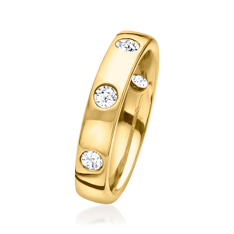 14kt yellow gold lab-grown diamond ring with three round stones, angled side view