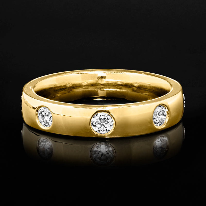 14kt yellow gold lab-grown diamond ring with three round diamonds on domed band