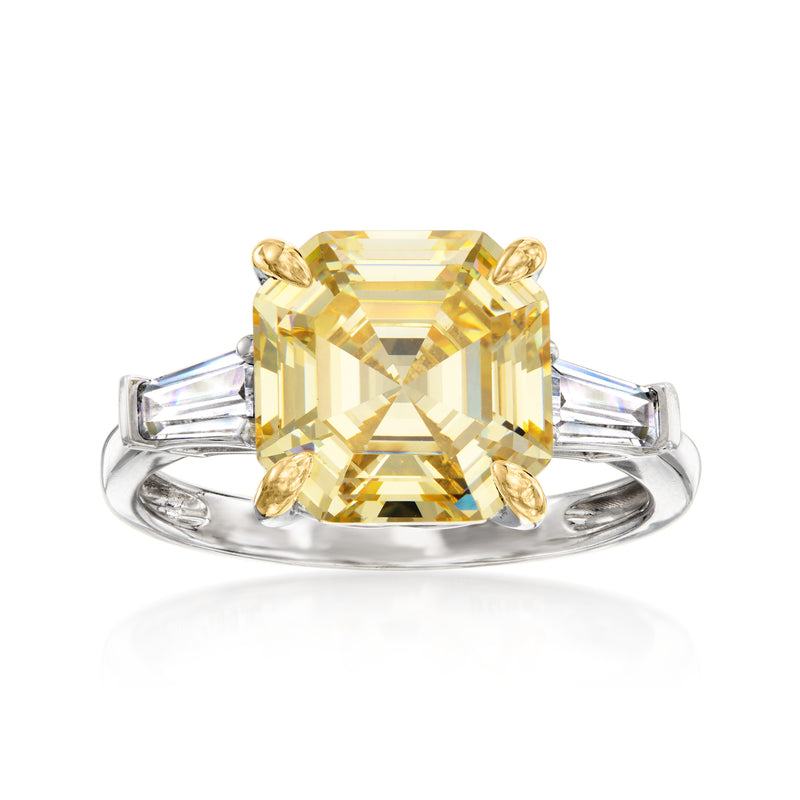 Sterling silver CZ ring with large yellow emerald-cut stone and white side CZ baguettes