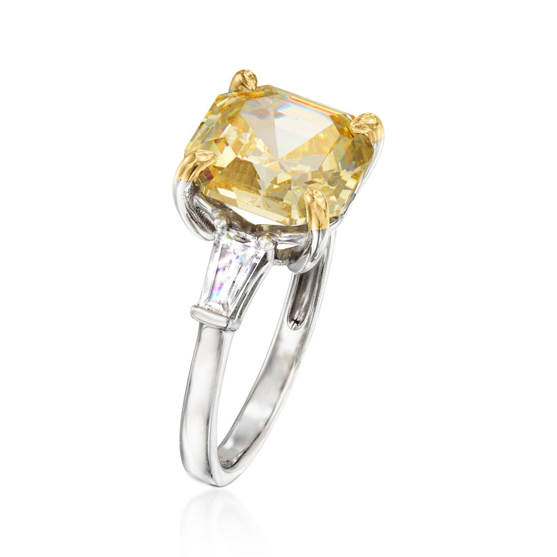 Sterling silver CZ ring with square yellow center stone and white baguette side stones