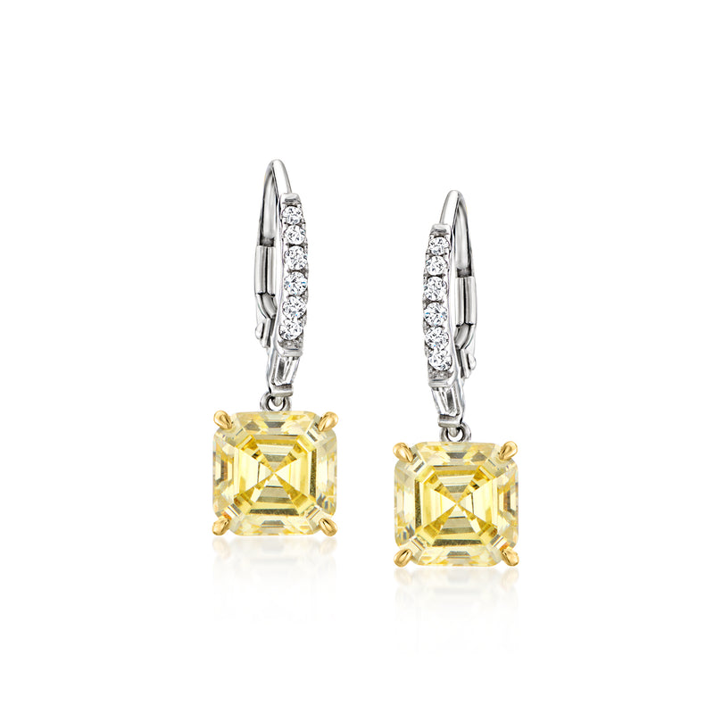 Yellow and white CZ drop earrings with leverback, square halo dangle in gold and silver