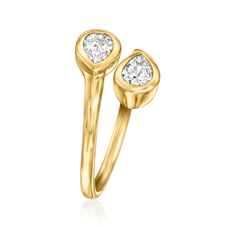 14kt yellow gold bypass ring with two oval lab-grown diamonds, side view