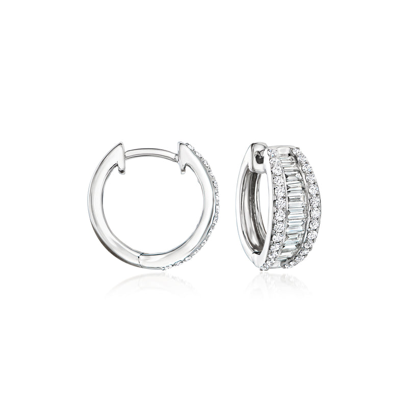 14kt white gold hoop earrings with lab-grown baguette diamonds, hinged clasp visible