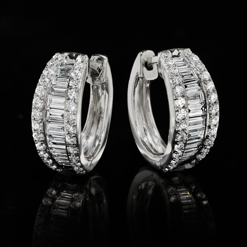 White gold hoop earrings with lab-grown diamond baguette and round stone rows