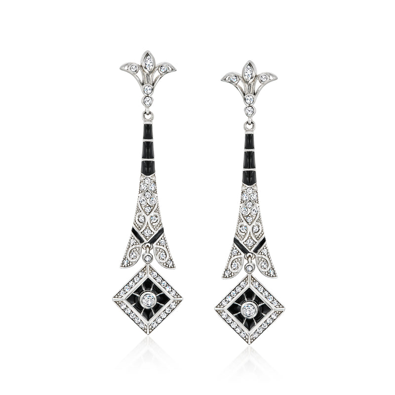 Sterling silver drop earrings with black enamel detailing and clear CZ stones, ornate floral tops