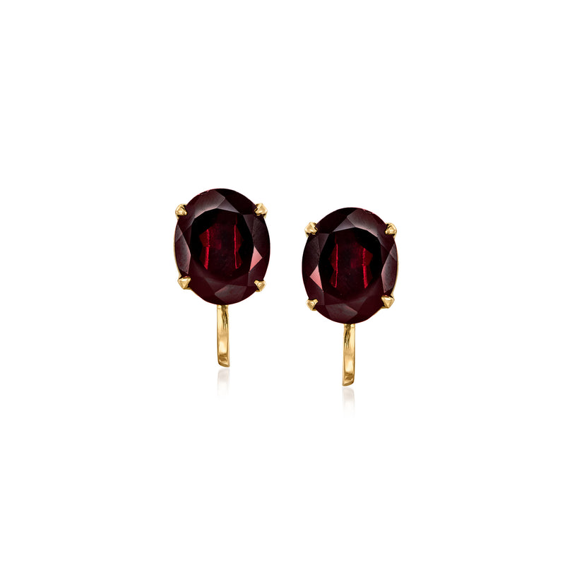 Vintage oval garnet clip earrings in 14kt yellow gold with dark red stones
