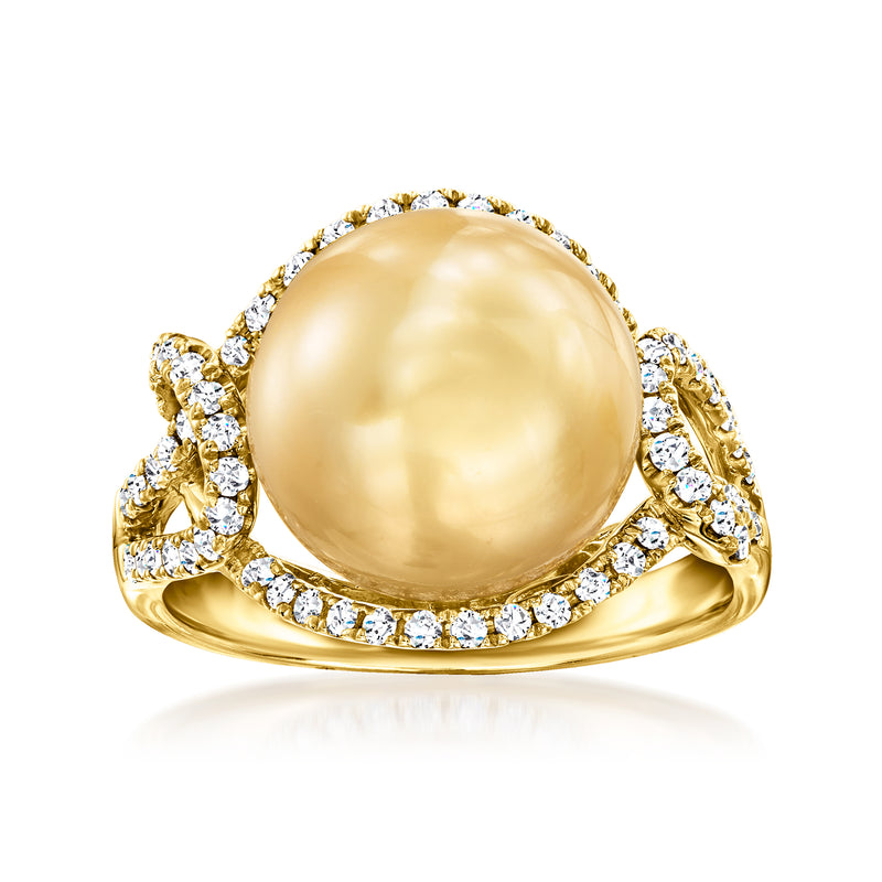 14kt yellow gold ring with large golden cultured pearl center and diamond halo