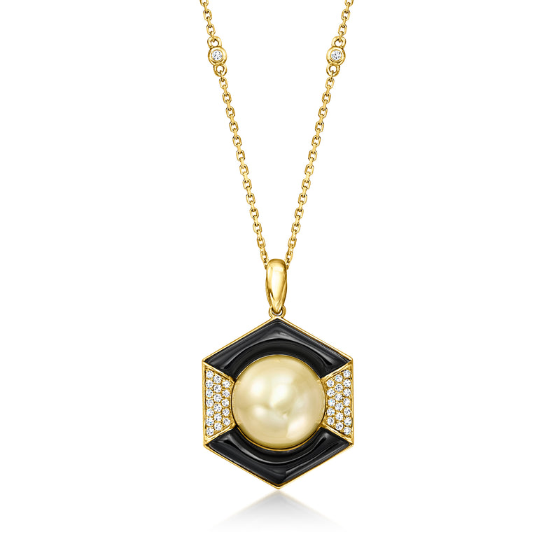14kt yellow gold pendant necklace with black octagon bezel, cultured pearl, diamond accents
