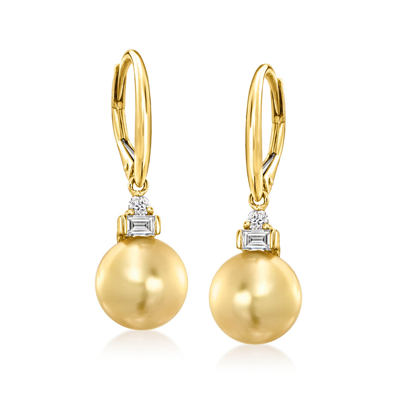 14kt yellow gold leverback earrings, round golden pearl drops with diamond accents