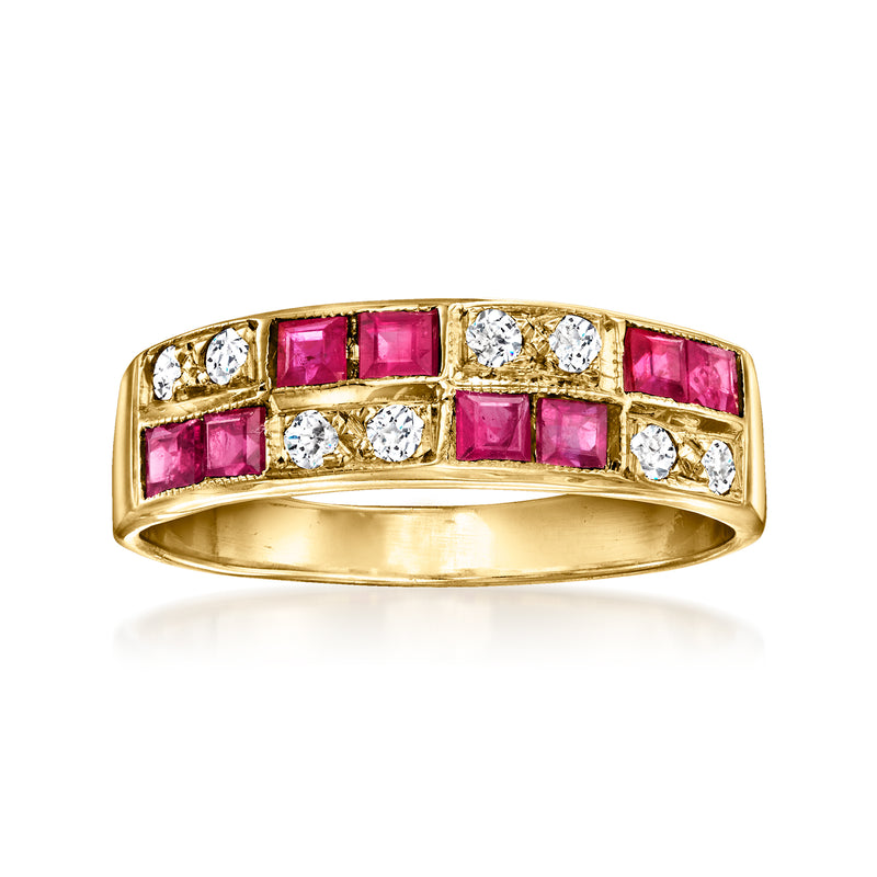 Vintage 14kt yellow gold checkerboard ring with pink ruby and white diamond accents