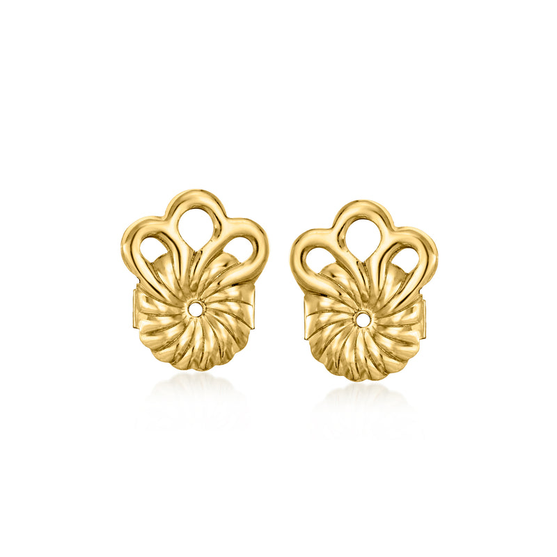 14kt yellow gold stabilizing earring backings, floral design with central circle hole