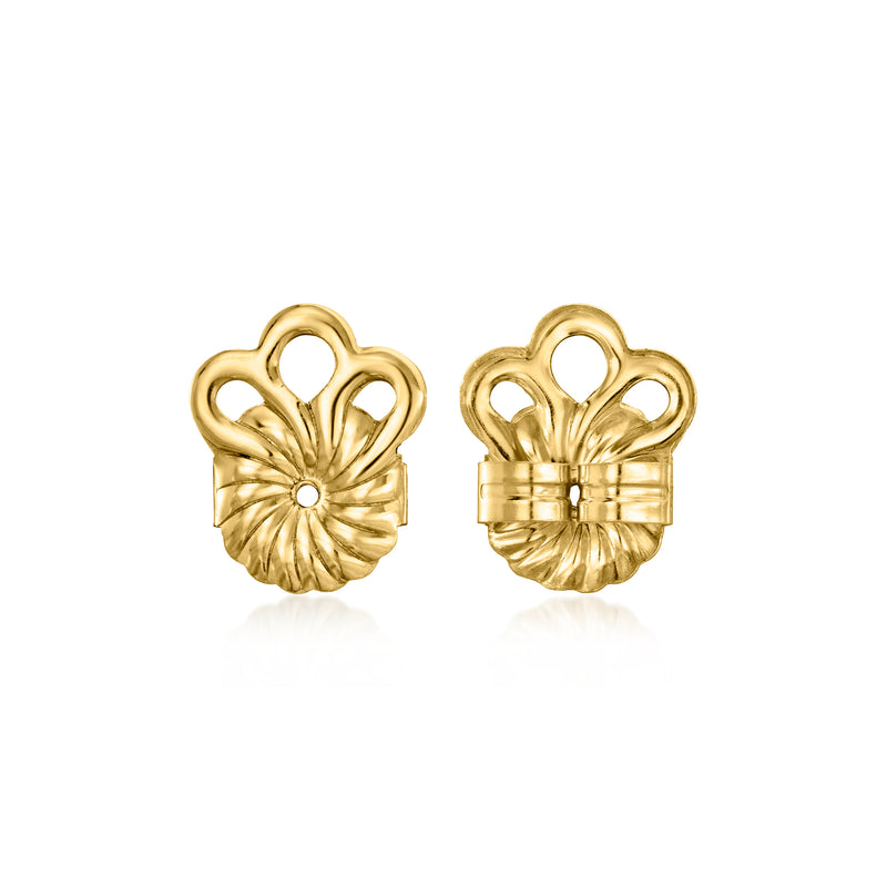 14kt yellow gold stabilizing earring backings, flower motif with center post opening