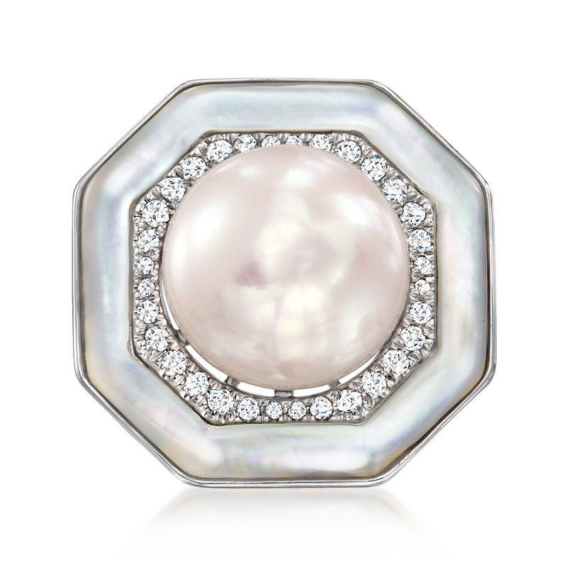 Pearl and diamond ring with mother-of-pearl bezel in 14kt white gold