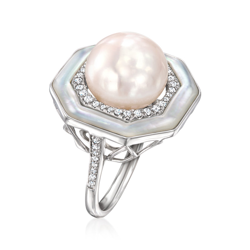 Pearl and diamond ring with mother-of-pearl setting in 14kt white gold, side view