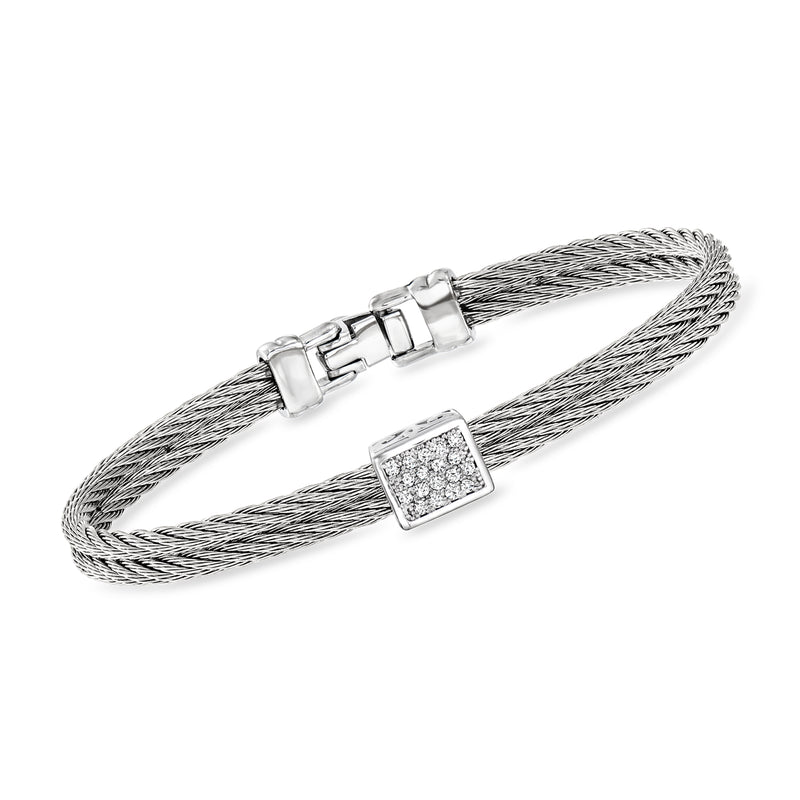 Gray stainless steel cable bracelet with square diamond station and white gold clasp