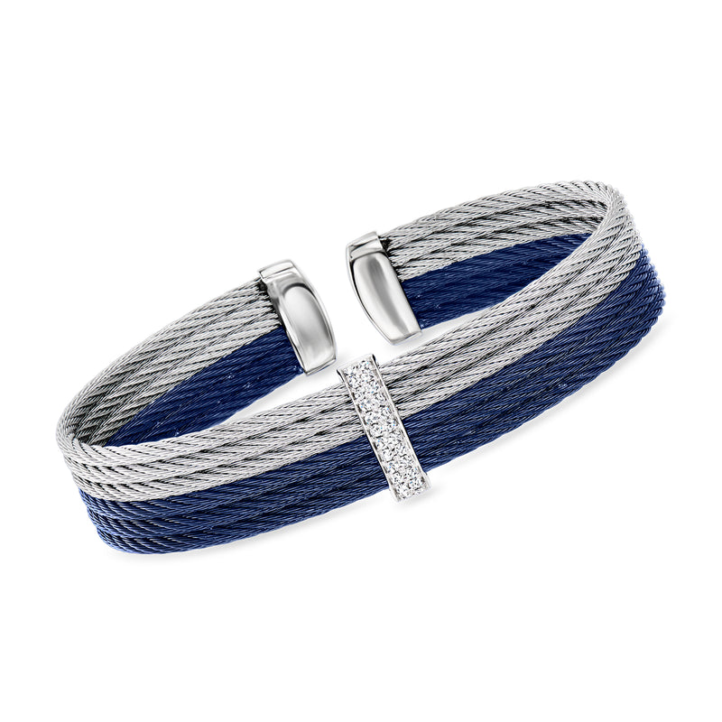 Multi-row cable cuff bracelet with blue and gray cords, diamond bar centerpiece