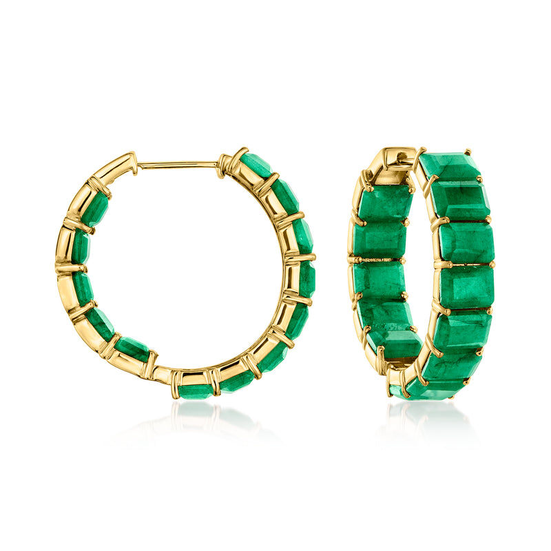Gold hoop earrings with emerald-green rectangular stones, hinged clasp closure