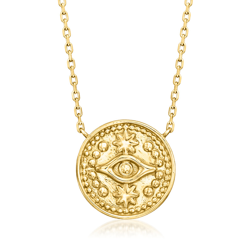 14kt yellow gold evil eye pendant necklace with round raised motif and link chain