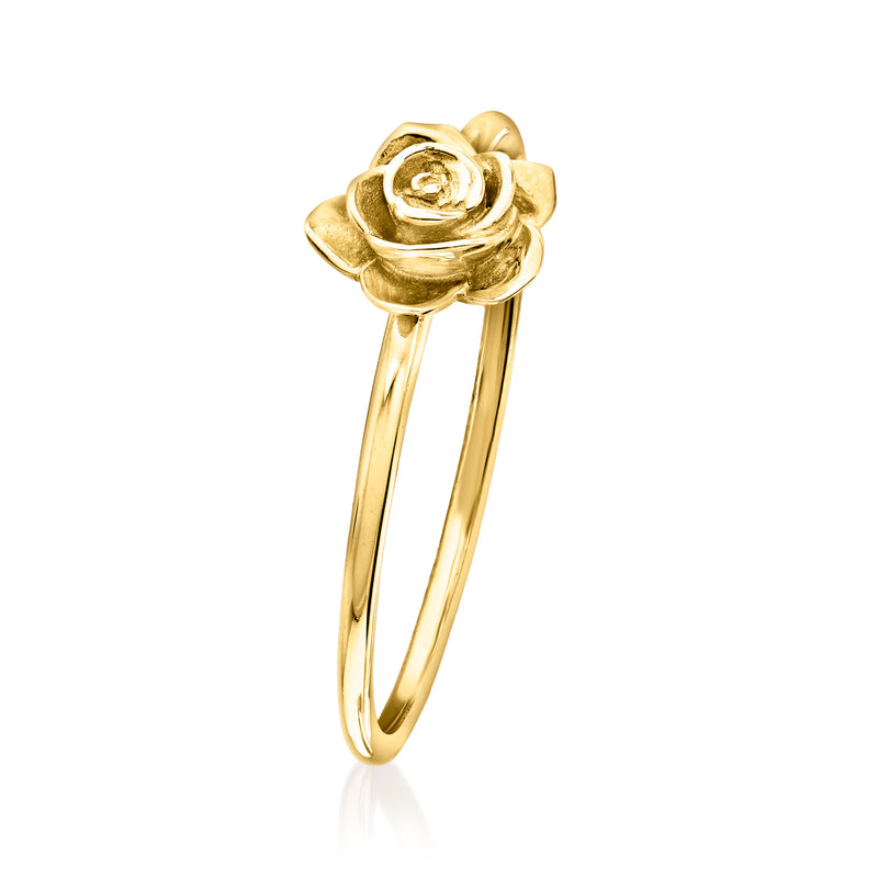 Yellow gold rose ring with raised rose flower top and slim open band