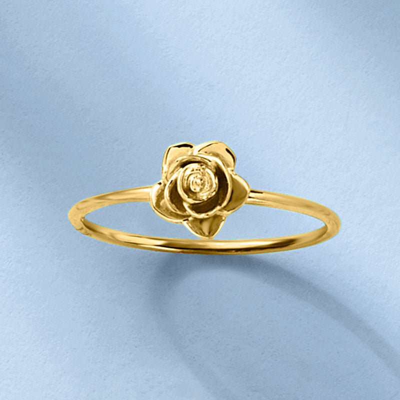 Yellow gold rose ring with centered rose flower detail on slim band