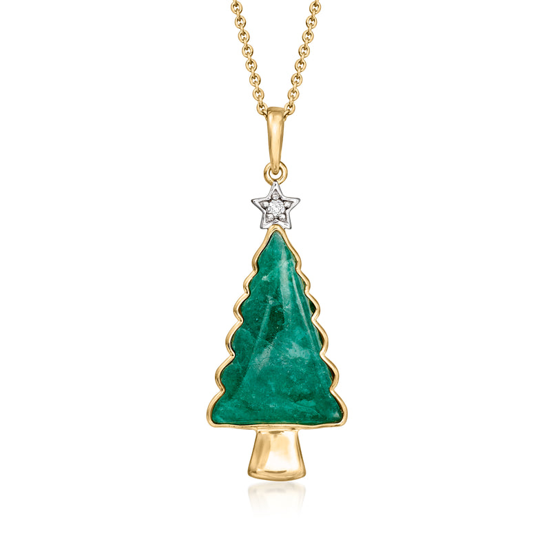 Gold pendant necklace with green Christmas tree and star zircon, on chain