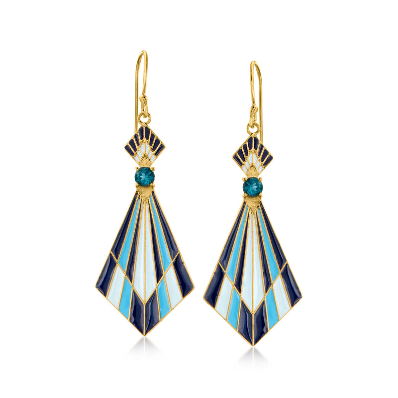 Gold-tone drop earrings with blue-and-white enamel and blue stone accents.