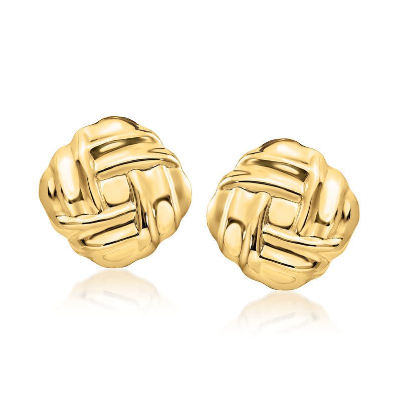 14kt yellow gold square stud earrings with basketweave textured pattern