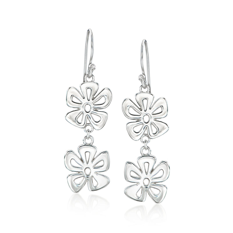 Sterling silver double-flower drop earrings with two dangling flower charms