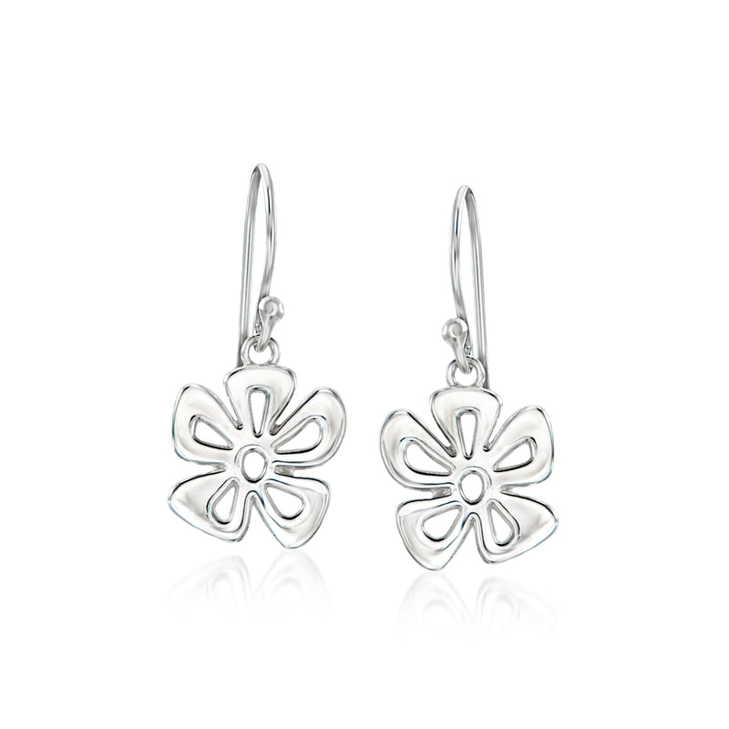 Sterling silver flower drop earrings with earwire, four-petal cutout design