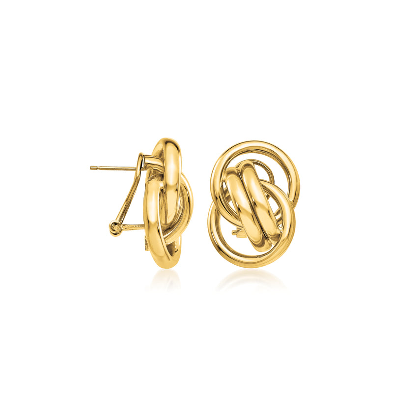 14kt yellow gold interlocking-circle earrings, side view with post/back detail