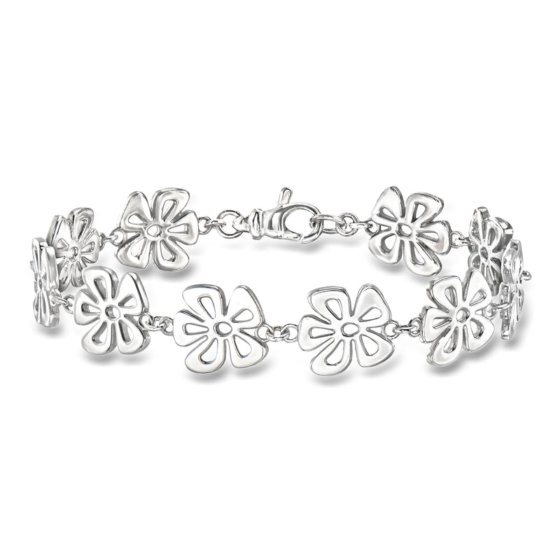 Sterling silver flower charm bracelet with linked chain and five flower motifs