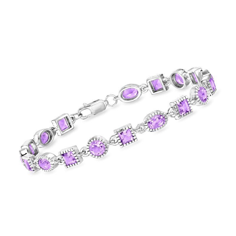 Sterling silver amethyst bracelet with mixed oval, round, and square purple gemstones