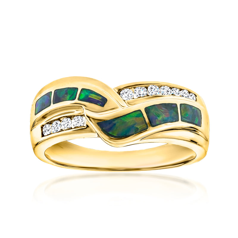 14kt yellow gold ring with green-blue opal inlay and small diamond accents