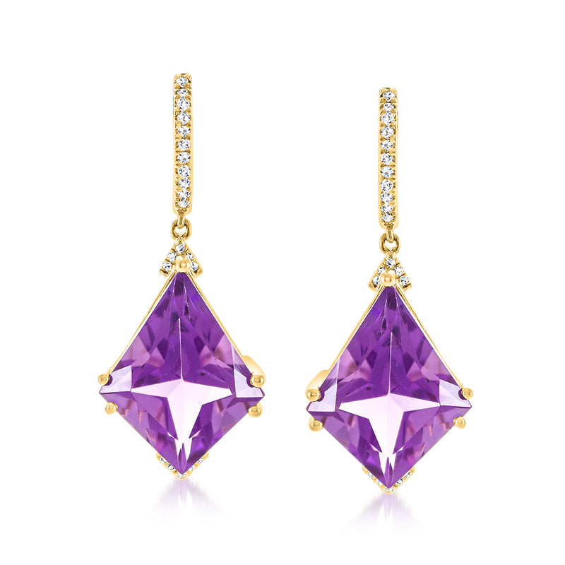 Yellow gold amethyst and diamond drop earrings with faceted purple stones