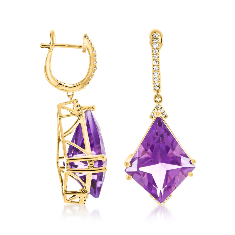 Amethyst diamond drop earrings in 14kt yellow gold, side view of purple kite gemstone