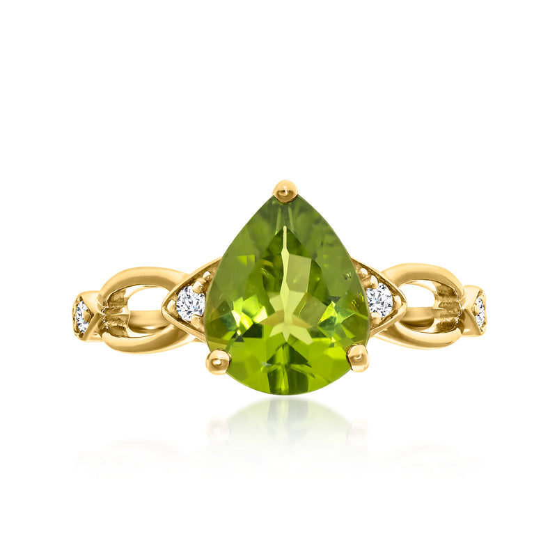 14kt yellow gold ring with pear-cut green peridot and diamond side accents